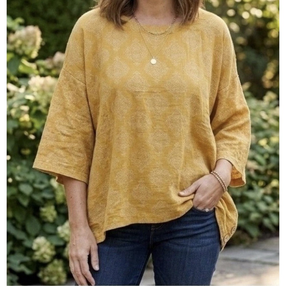 Purejill Mustard Medallion Print Tunic Top Boxy Gauze Boho Artsy Granola Autumn